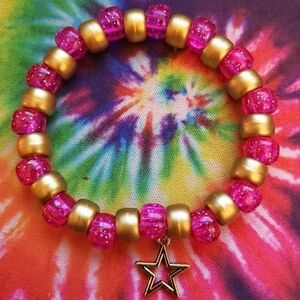 Handmade Gold Pink Glitter Star Charm Kandi Bracelet